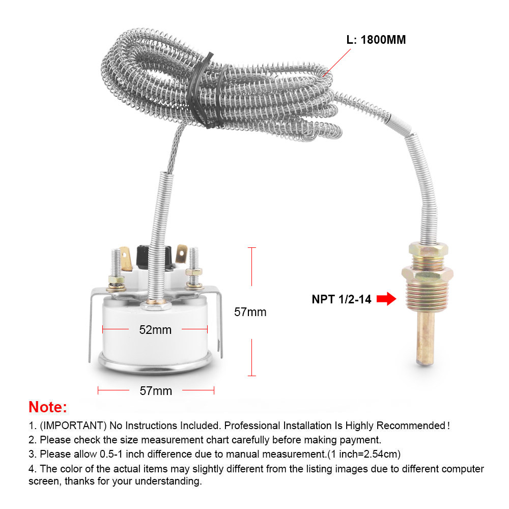 Car modification 2 inch 52mm mechanical water temperature gauge 40-120 ℃/100-250℉ 12V NPT 1/2