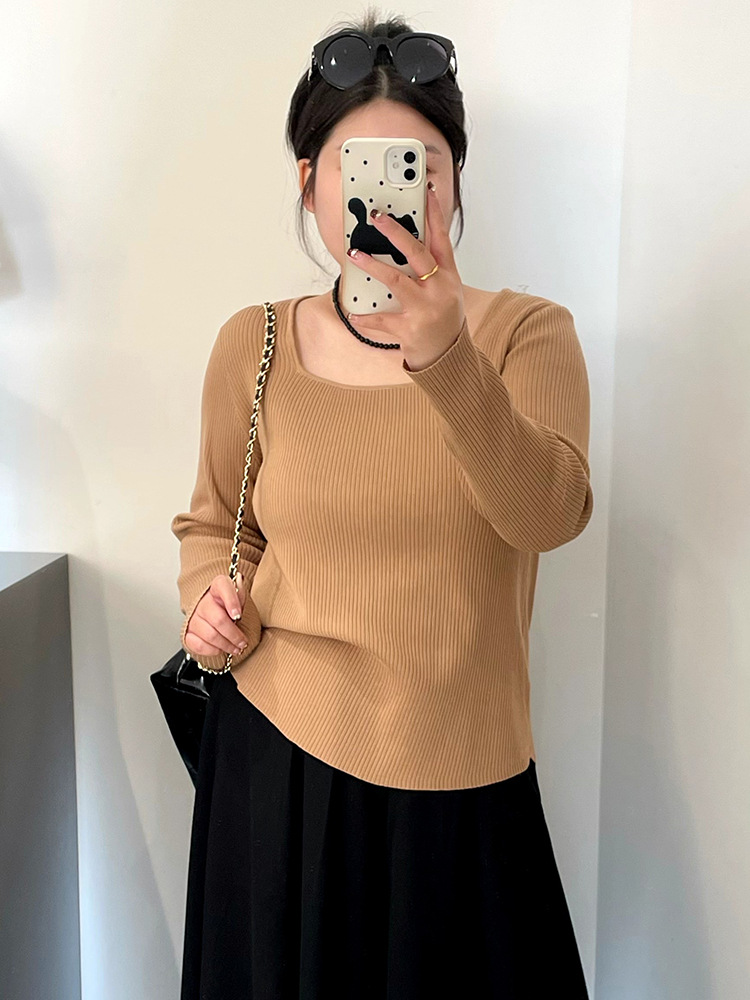 Plus Size Women's Square Collar Top Women's Slim Stripesd Shirt 2025 Autumn Fat mm Bottoming Loose Knitwear 2289