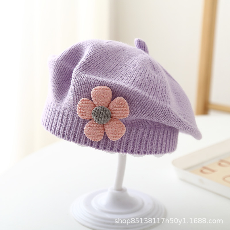 Baby hat autumn and winter baby girls' cute flower beret children's wool hat girls' knitted painter hat fashion
