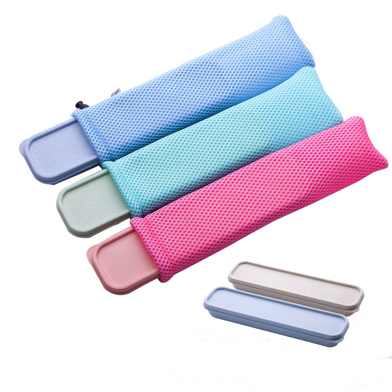 Straw Portable Cutlery Box Wheat Straw Pull-Out Box Transparent Flip Box Travel Gift Chopstick Box Spoon Box