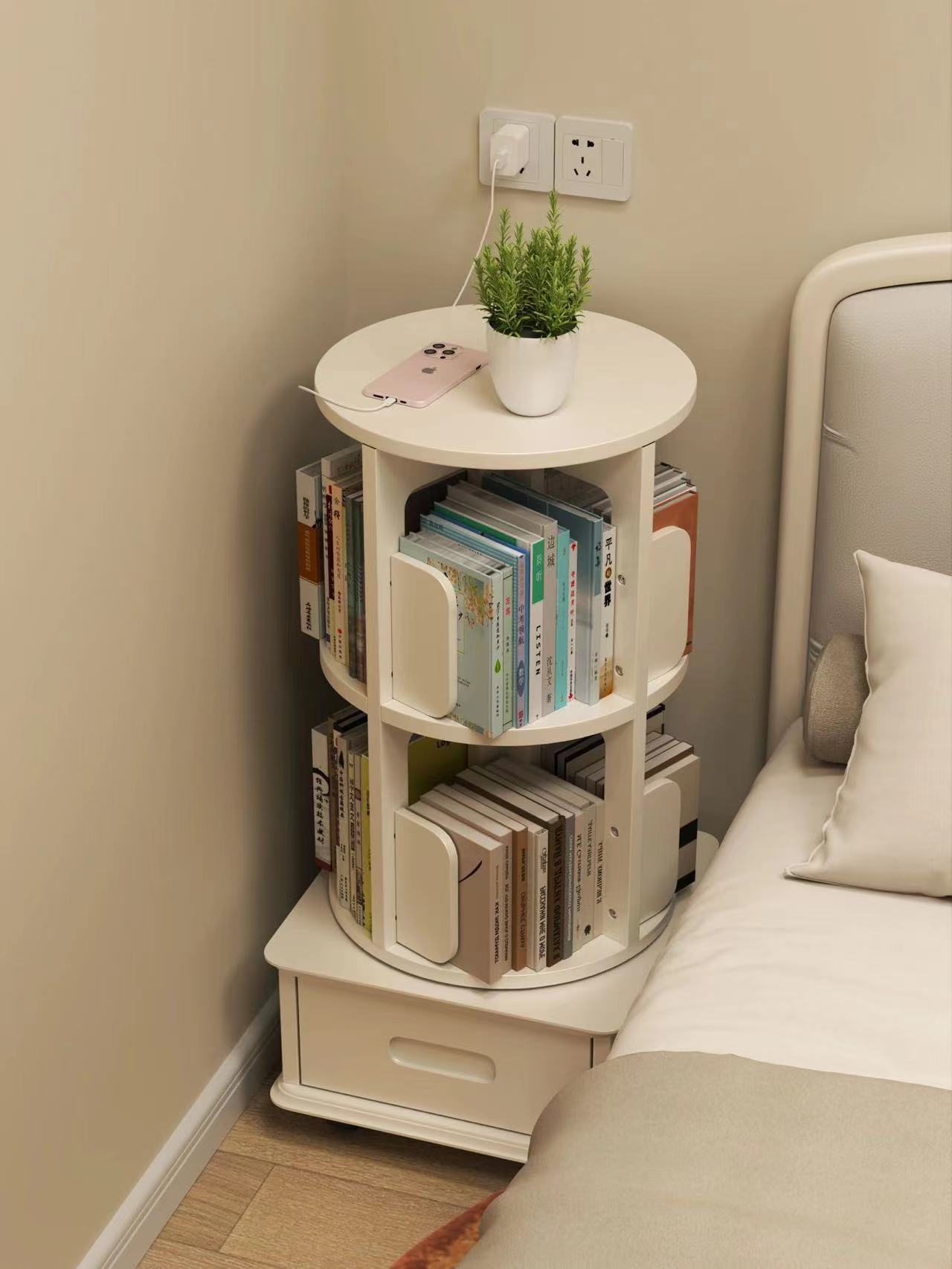 Rotating Bookshelf 360-Degree Bookcase Simple Storage Picture Book Storage Rack Bedroom Bedside Table Decorative Floor-Standing Reading Cabinet