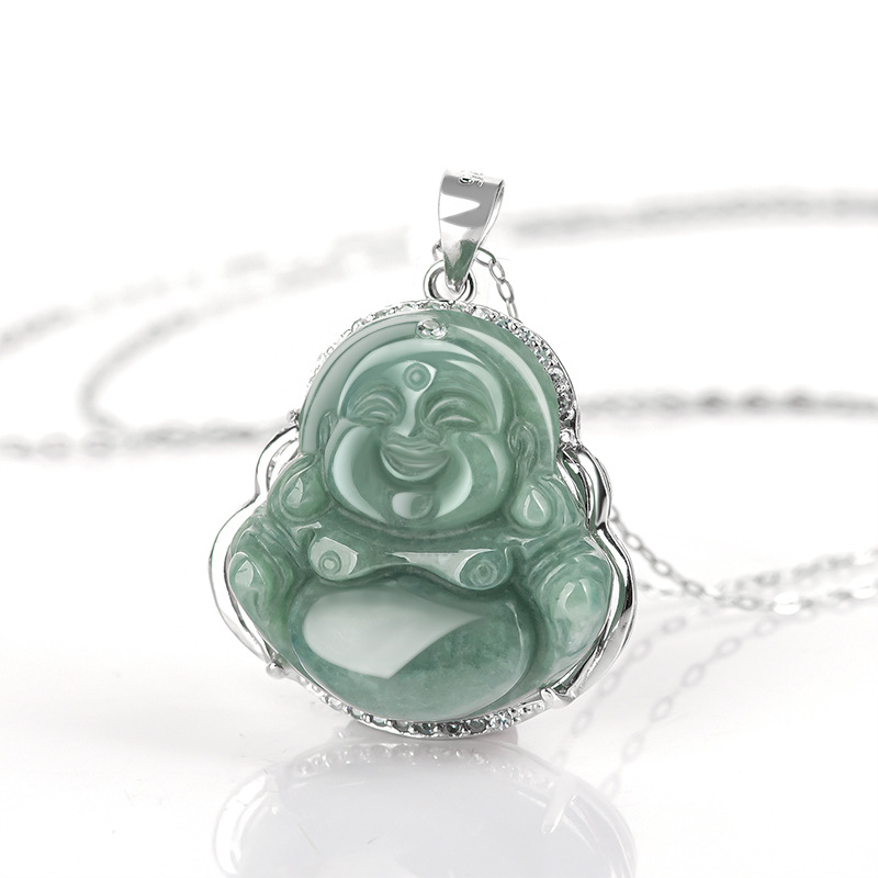Natural Jadeite a bean seed Buddha laughing Buddha pendant S925 silver inlaid jade female pendant jade wholesale