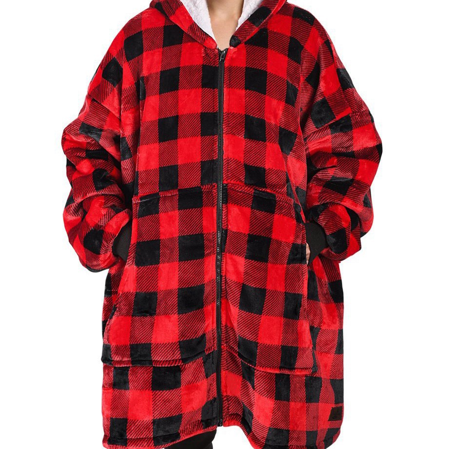 Temu Cross-Border Thickeneded Plaid Zipper Hooded Lazy Shirt Couple Home Clothes Flannel Lazy Blanket Wearable Sweatshirt