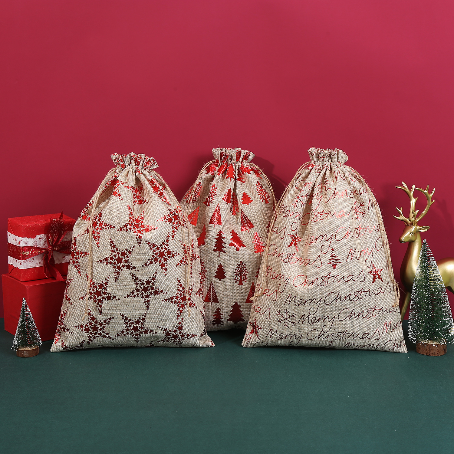 Cross-Border New Large Linen Christmas Gift Bag Candy Gift Packaging Bag Hot Stamping Drawstring Storage Bag