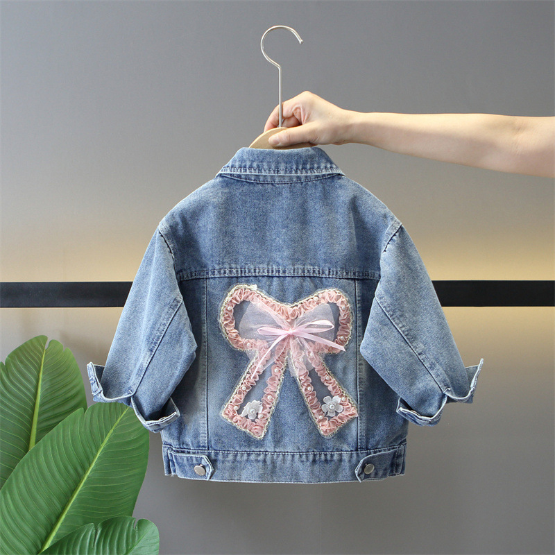 Girl's Bow Denim Jacket 2024 Autumn New Children's All-match Jacket Girl's Casual Korean Top