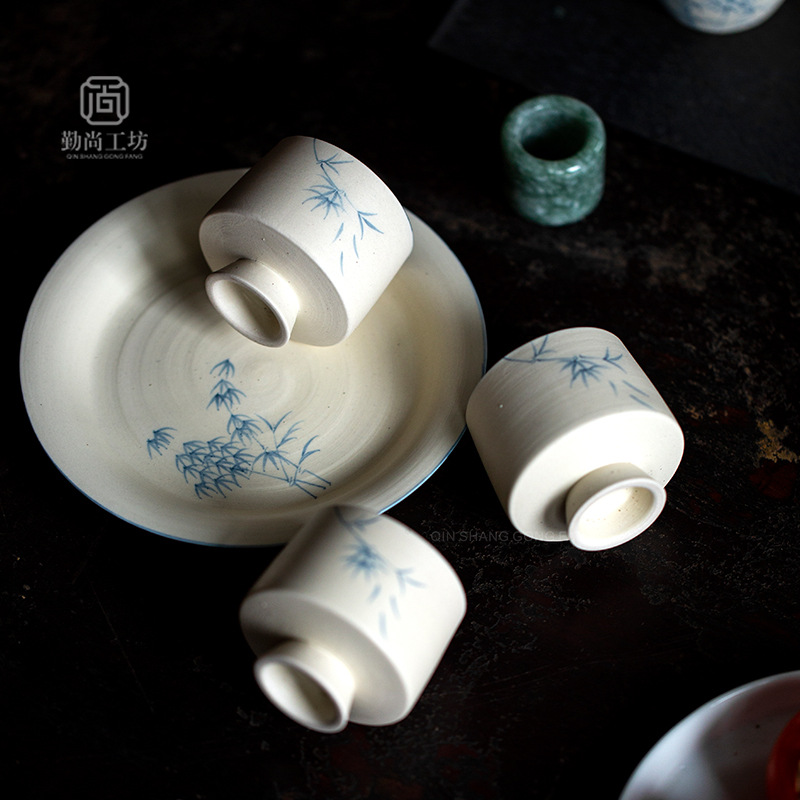Miji style pink hand-painted blue bamboo Qinghuan pot bearing ceramic cover Bowl bottom tray tea ceremony accessories household fruit tray tea tray