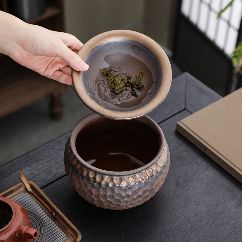 Retro Coarse Pottery Tea Residue Jar, Water Basin, Tea Wash Storage, Desktop Waste Water Jar, Trash Can, Dry and Wet Separation with Filter, Double Layer
