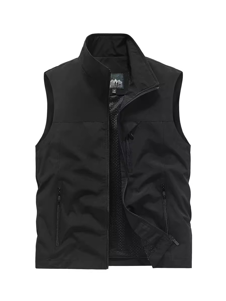 Men's Stand-Up Collar Spring and Summer Quick-Drying Mesh Vest Casual Multi-Pocket Workwear Top Outdoor Photography Fishing Vest Jacket
