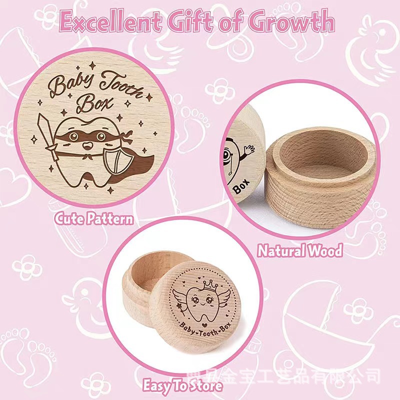 Spot Beech Round Deciduous Tooth Box Wooden Kidsren's Baby Lost Tooth Collection Storage Box with Lid Tooth Storage Box