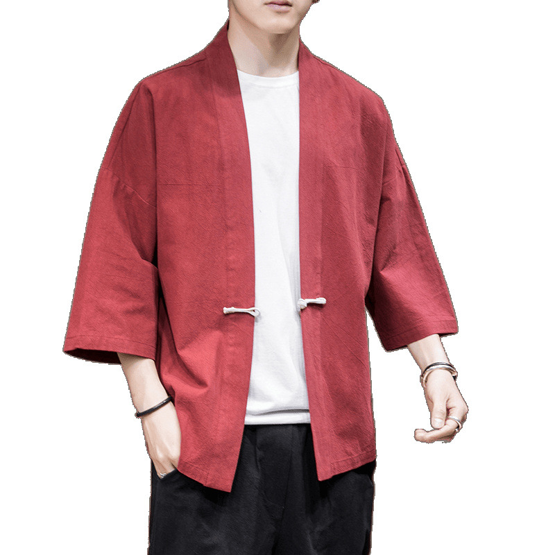 New Chinese-Style Tang Suit Improved Hanfu Robe Men's Ethnic Style Button-Up Cardigan Shirt Cotton Linen Button-Up Jacket