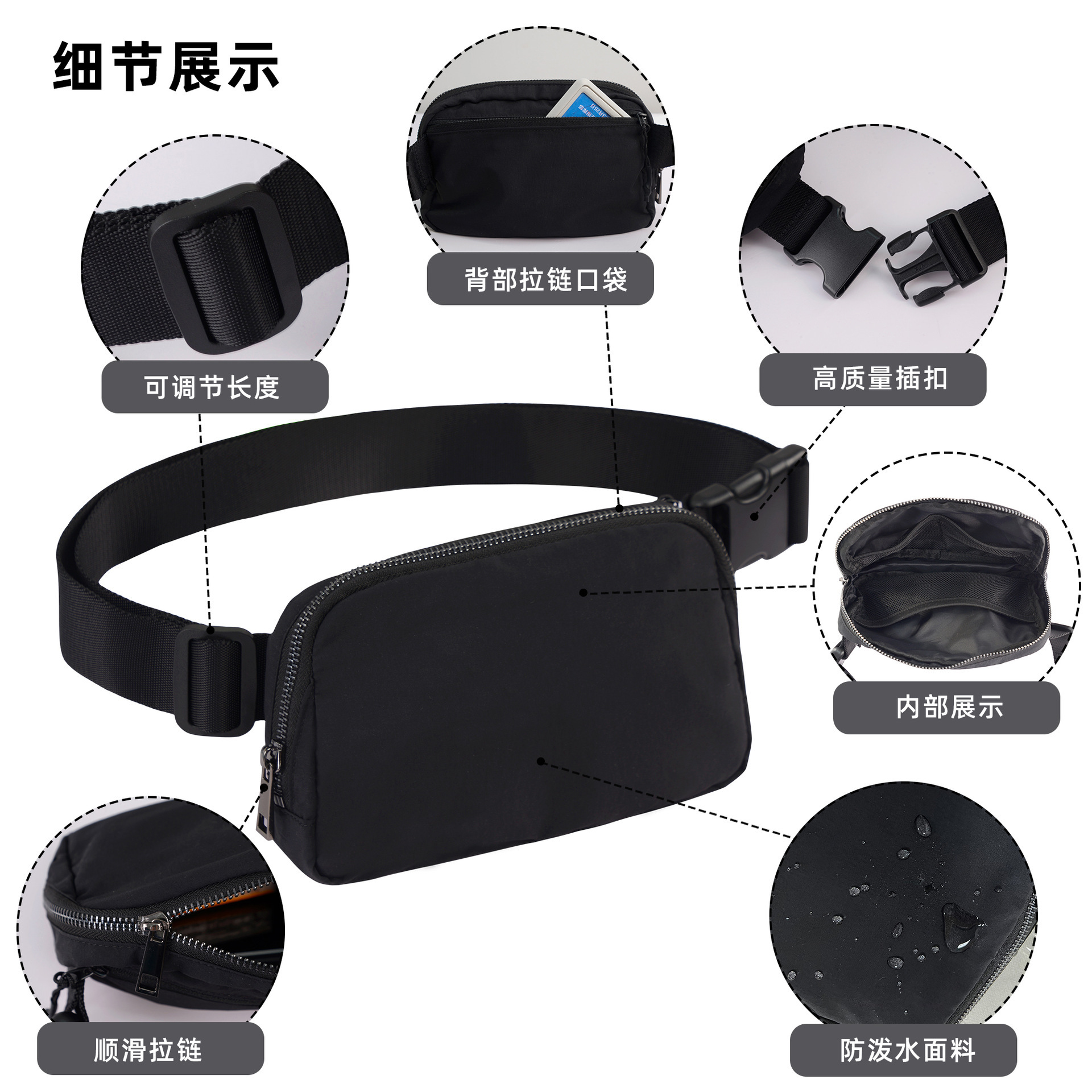 Cross-Border New Lulu Same Style Waist Bag Nylon Waterproof Chest Bag Outdoor Sports Running Mobile Phone Bag Versatile Crossbody for Men and Women