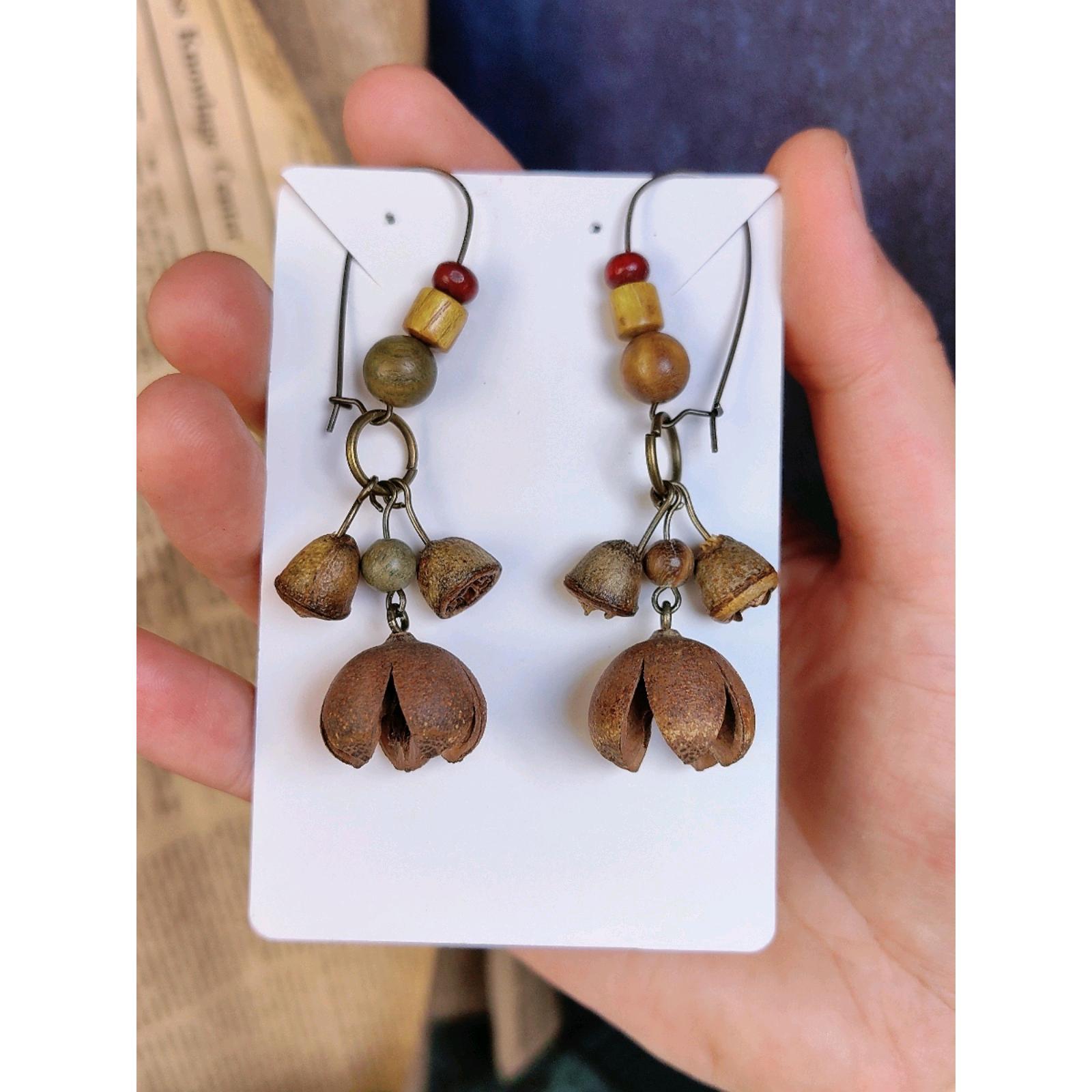 in stock Plant Birthday Gift U-shaped Hook Mori Style Temperament Wooden Beads Hand-made Earrings Cute Vintage Traditional Chinese Medicine Jewelry