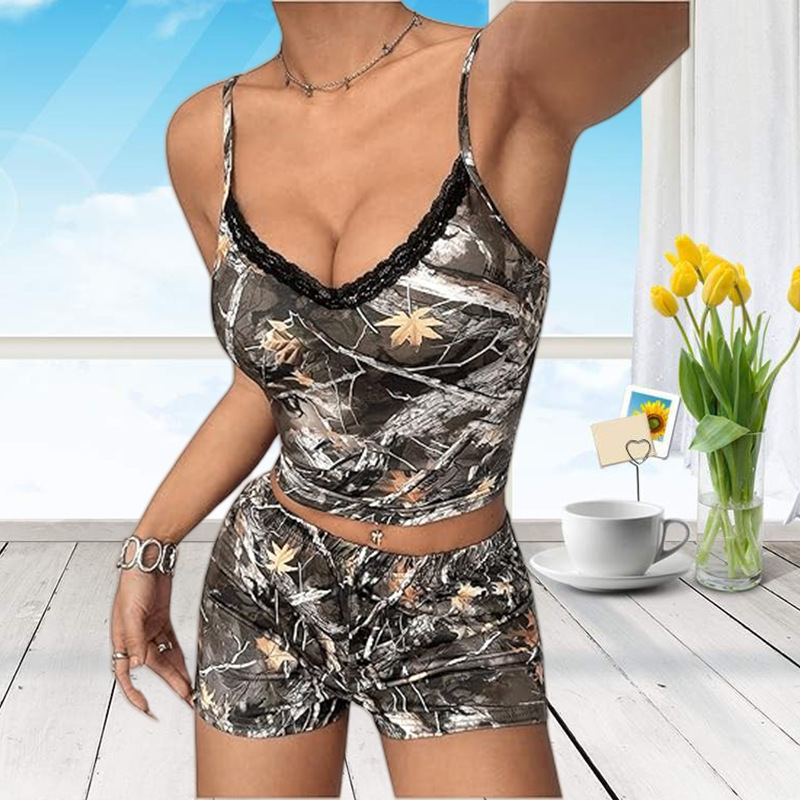 Amazon European and American Women's Sexy Printed suit Shorts Cross-border Suspenders