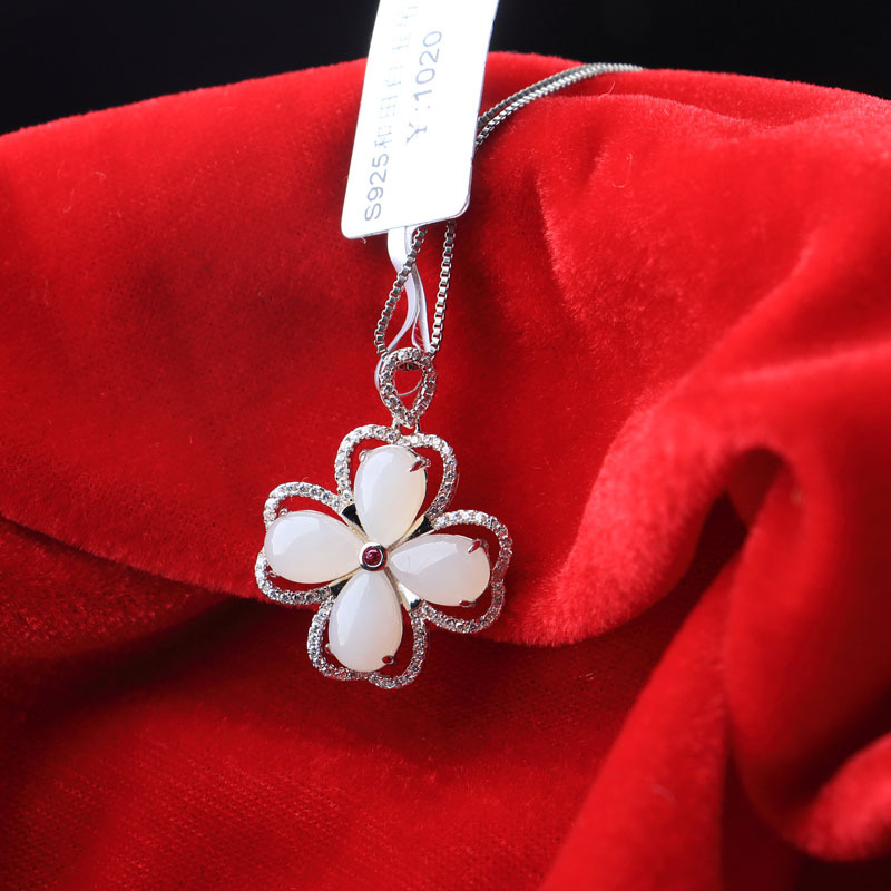 925 silver inlaid hetian jade pendant white jade water drop rose gold inlaid jade ladies necklace ring earrings wholesale