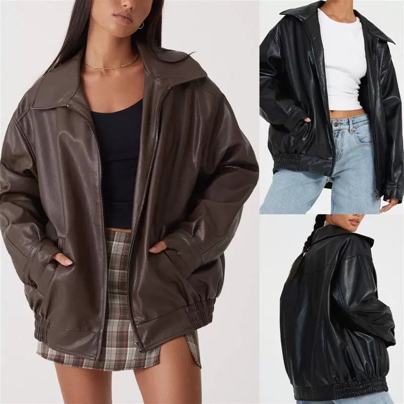 Amazon Spring and Autumn Explosions European and American Leather Jacket Motorcycle Style Loose Top Lapel Loose Waist PU Leather Jacket Women