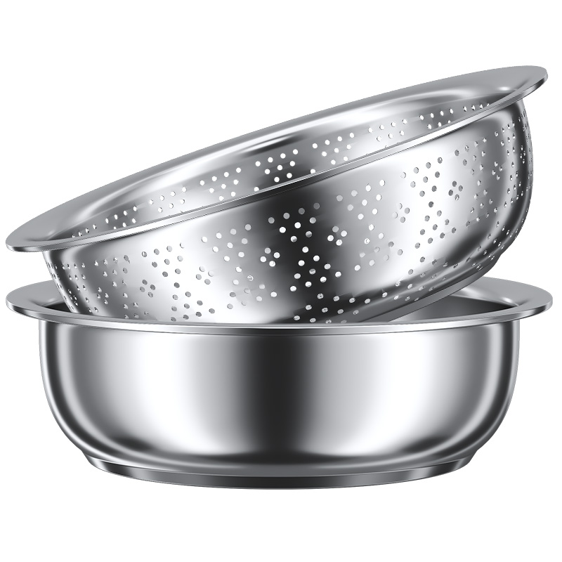 Wow Stainless Steel Draining Basin Kitchen Household Colander Rice Basket Rice Sieve Vegetable Basket Rice Washing Canteen Vegetable Washing Large Size