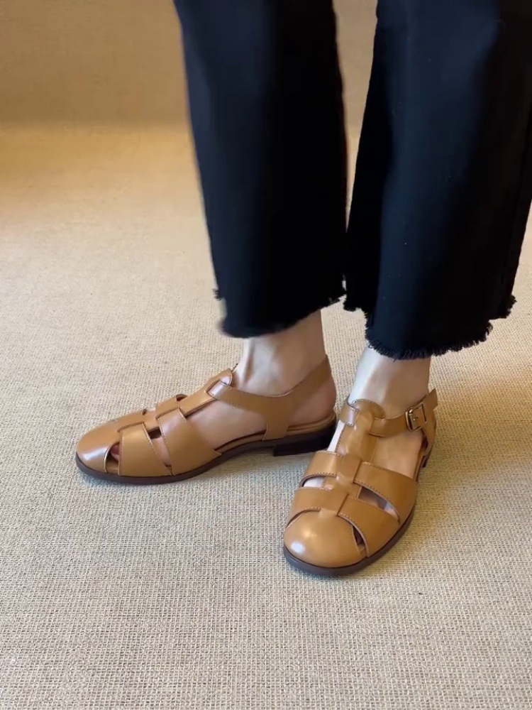 Sheepskin Version ~ 2025 New Summer Retro Woven Cut Out Toe-Cap Sandals Women's Genuine Leather Pig Cage Shoes Roman Sandals