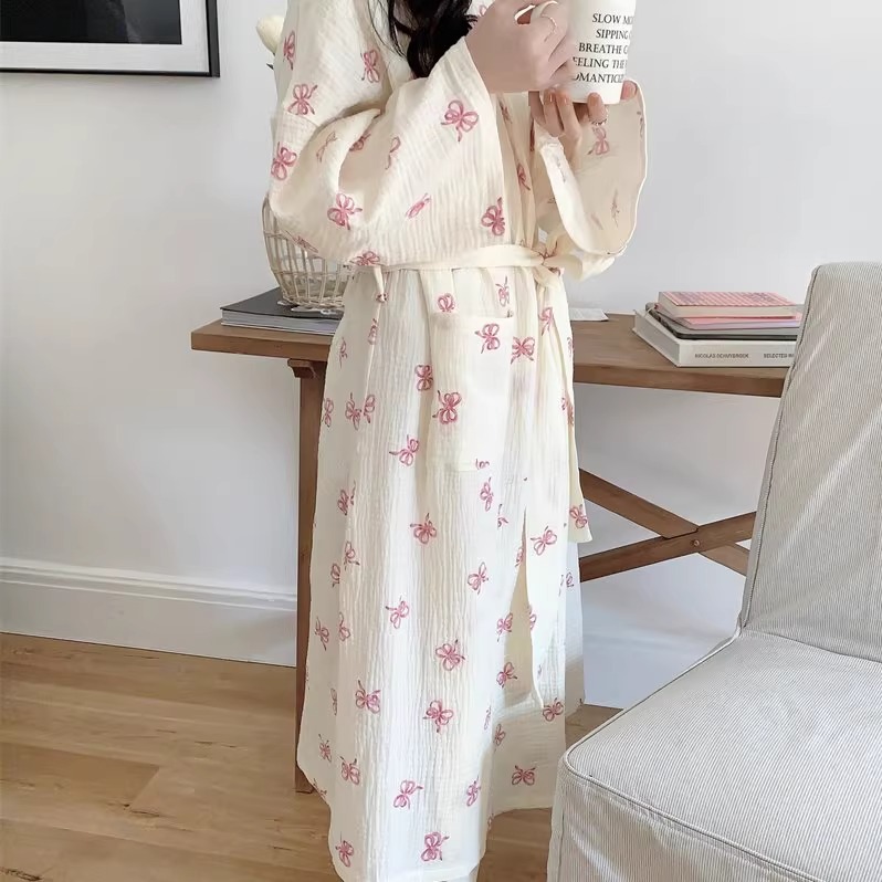 New Spring and Autum Pajamas for Women Korean Style Simple and Comfortable Nightgown Bow Casual Loose Home Wear Nightgown Summer