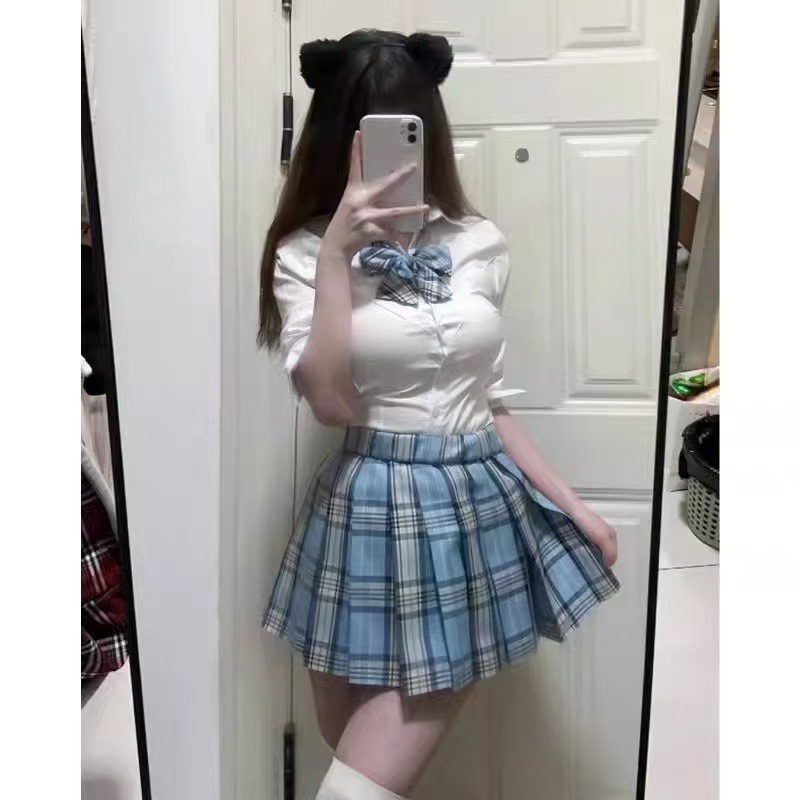 Юбка JK в клетку, стиль прэппи, светло-голубая, летняя