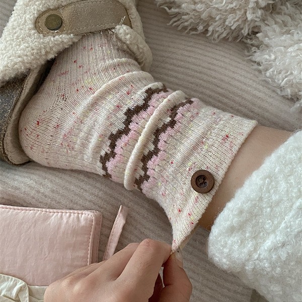 Winter Hot Cocoa! Thickened Striped Warm Wool Idea College Style Autumn and Winter Korean Retro Mid-Tube Slouch Socks