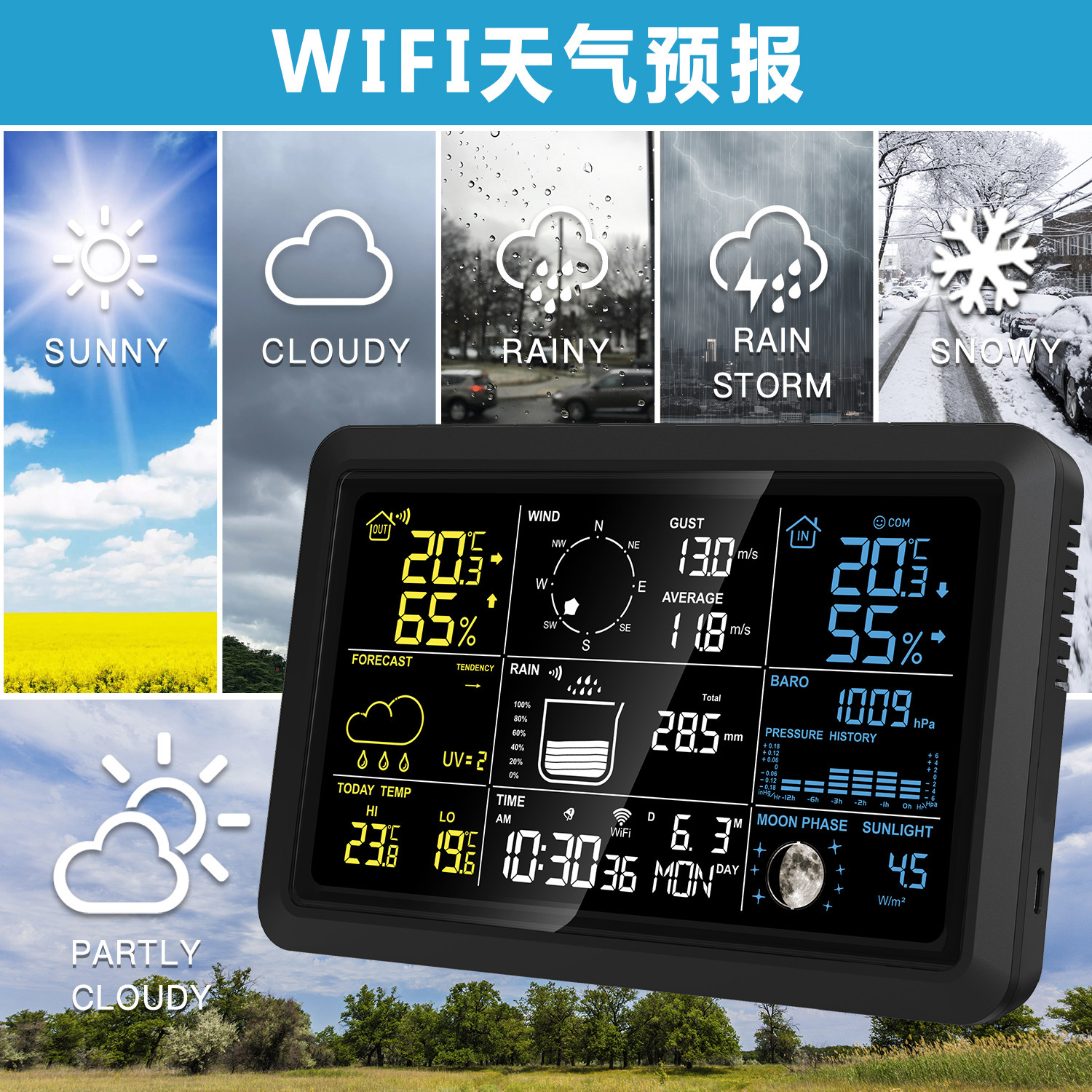 Graffiti WIFI weather forecast wind speed wind direction instrument indoor and outdoor temperature and humidity weather clock wind speed rainfall weather station