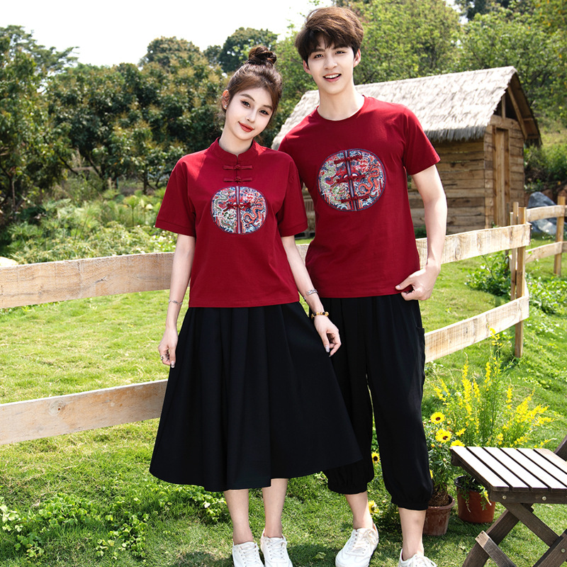 2025 Parent-child Suit Summer Suit National Style Short Sleeve Ankara Red Mother and Dresses Family of Three National Fashion Hanfu Family