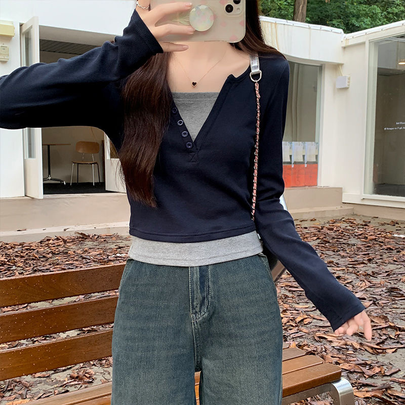 [Lightning Warehouse Hot Style] Contrast Color Fake Two-Piece V Neck Long Sleeve T-Shirt Women's Spring and Autumn Slim Short Bottoming Shirt Top