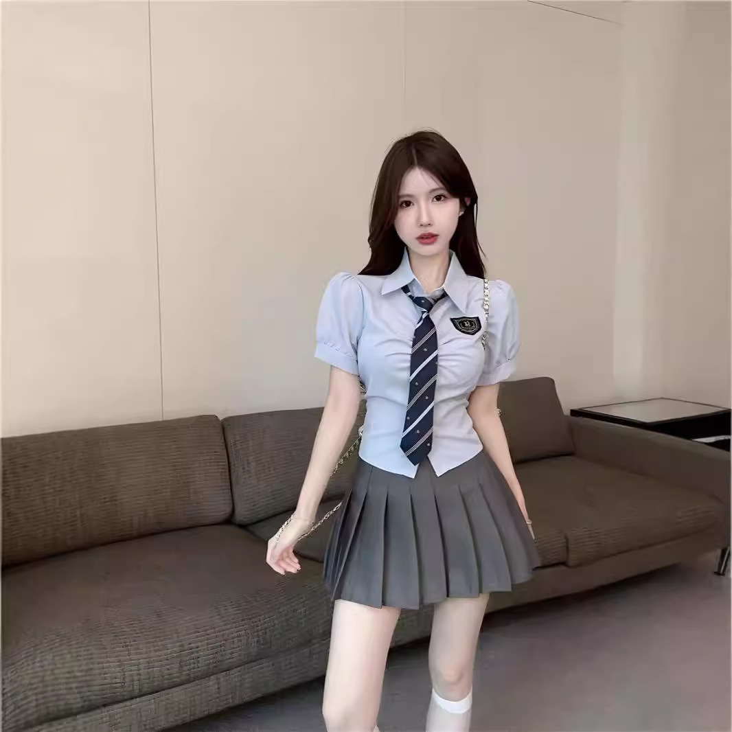 Korean Style Sweet JK Uniform College Style Navy Collar Bow Tight Waist Short Sleeve Shirt High Waist Pleated Skirt suit Summer