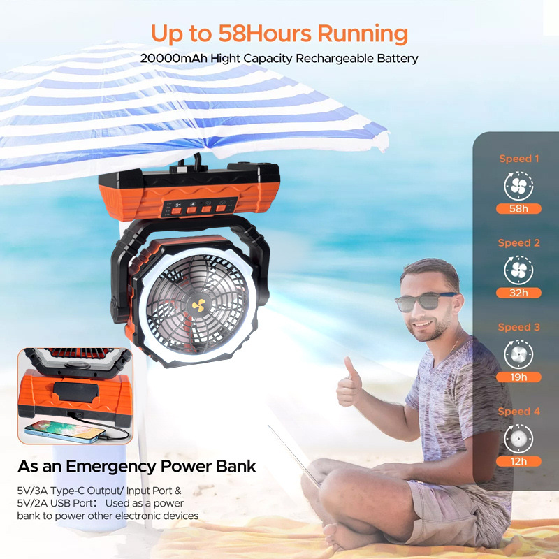 Cross border camping fan camping tent usb fan portable large wind charging outdoor fan lighting foreign trade