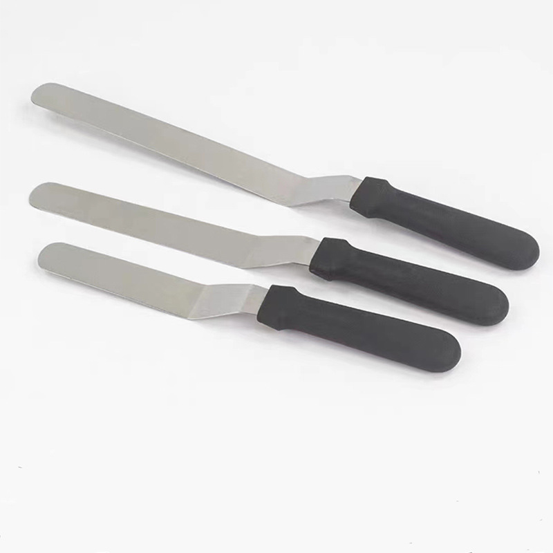 In stock special sale 0.7 thick 6 8 10 12 inch stainless steel plastic handle curved kiss spatula cake cream spatula