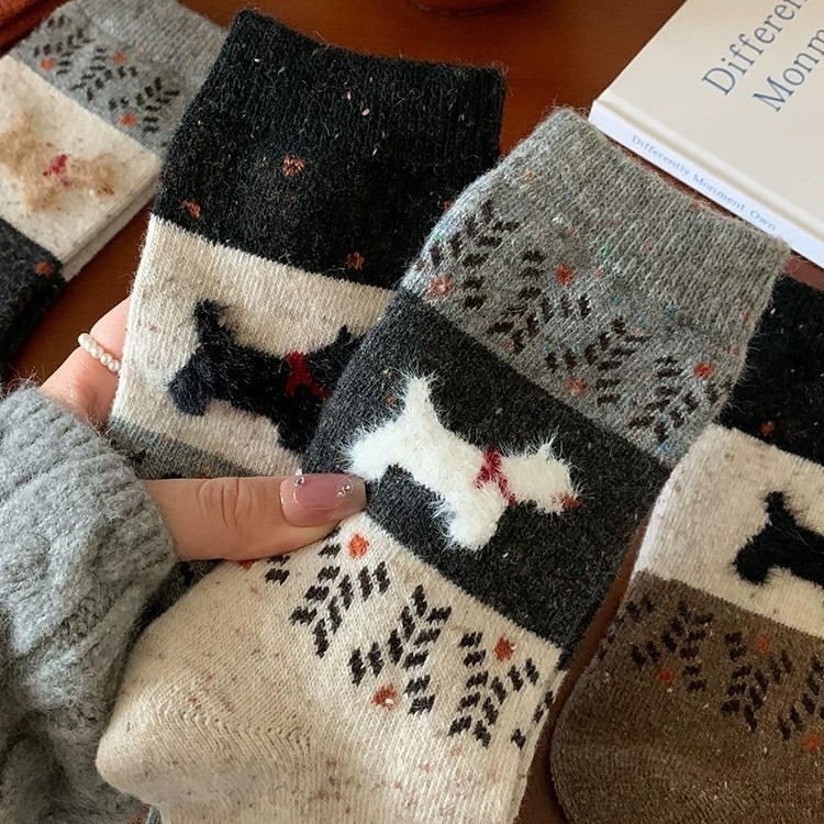 Wool Fairland Socks Women's Mid-Autumn and Winter Thickened fleece-lined Warm Plush Cute Puppy Winter Stockings