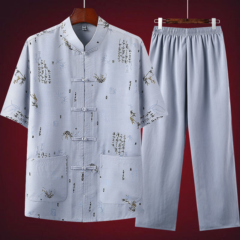 Tang Suit Men's Short-Sleeved Casual Suit Dad Summer Clothes Middle-Aged and Elderly Han Dynasty Chinese Style Men's Clothing Summer Grandpa Clothes