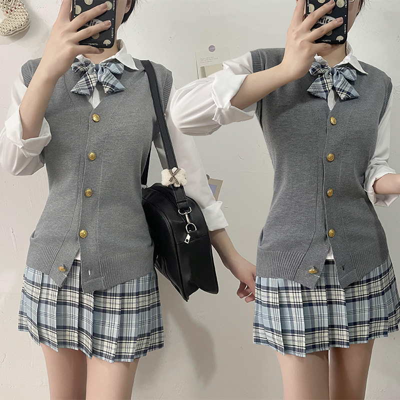 College Style Thin Jk Uniform Plaid Skirt Suit Student Knitted Cardigan Sweater V Neck Vest Vest Women