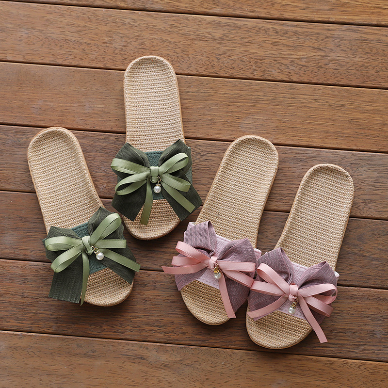 Slippers Women's Summer Indoor and Outdoor Home Floor Non-Slip Office Slippers Home Cute Bow Linen Slippers
