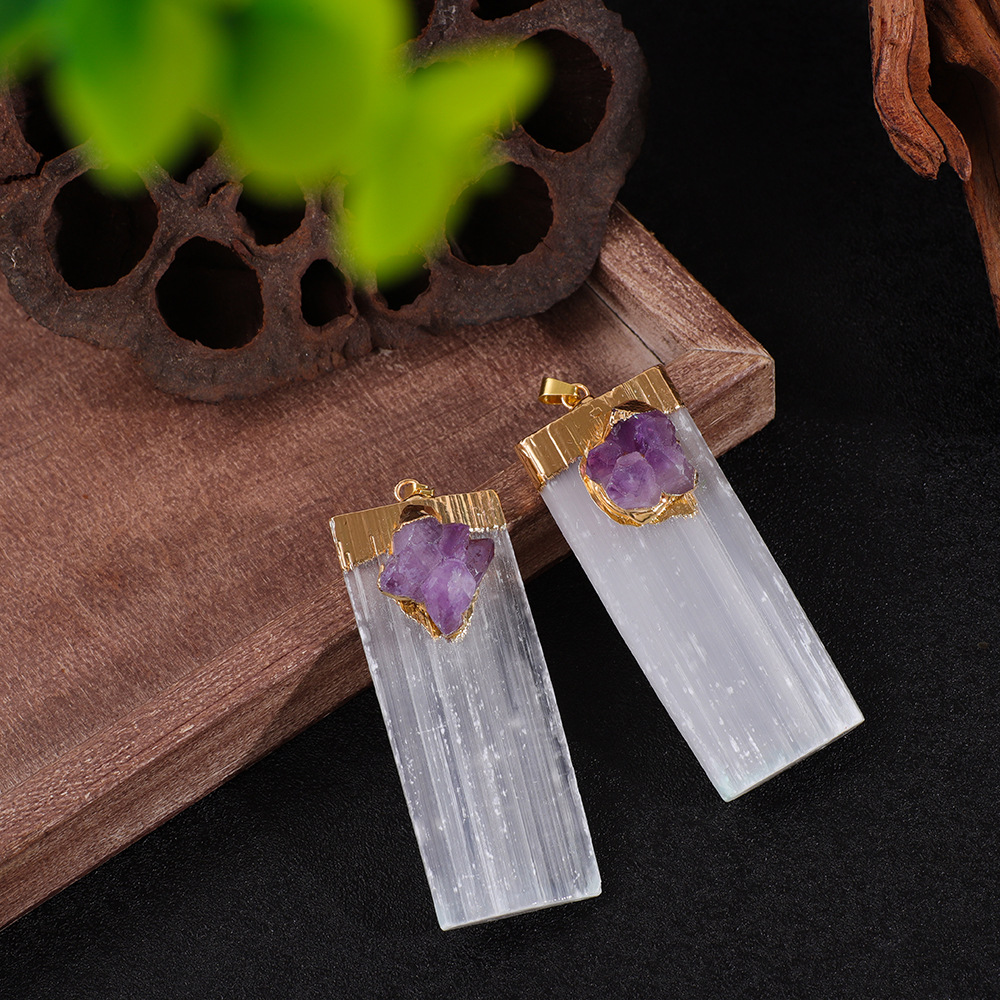 Amazon White Gypsum Set Amethyst Cluster Pendant Long Crystal Column Pendant European and American Jewelry Amethyst Necklace Cross Border