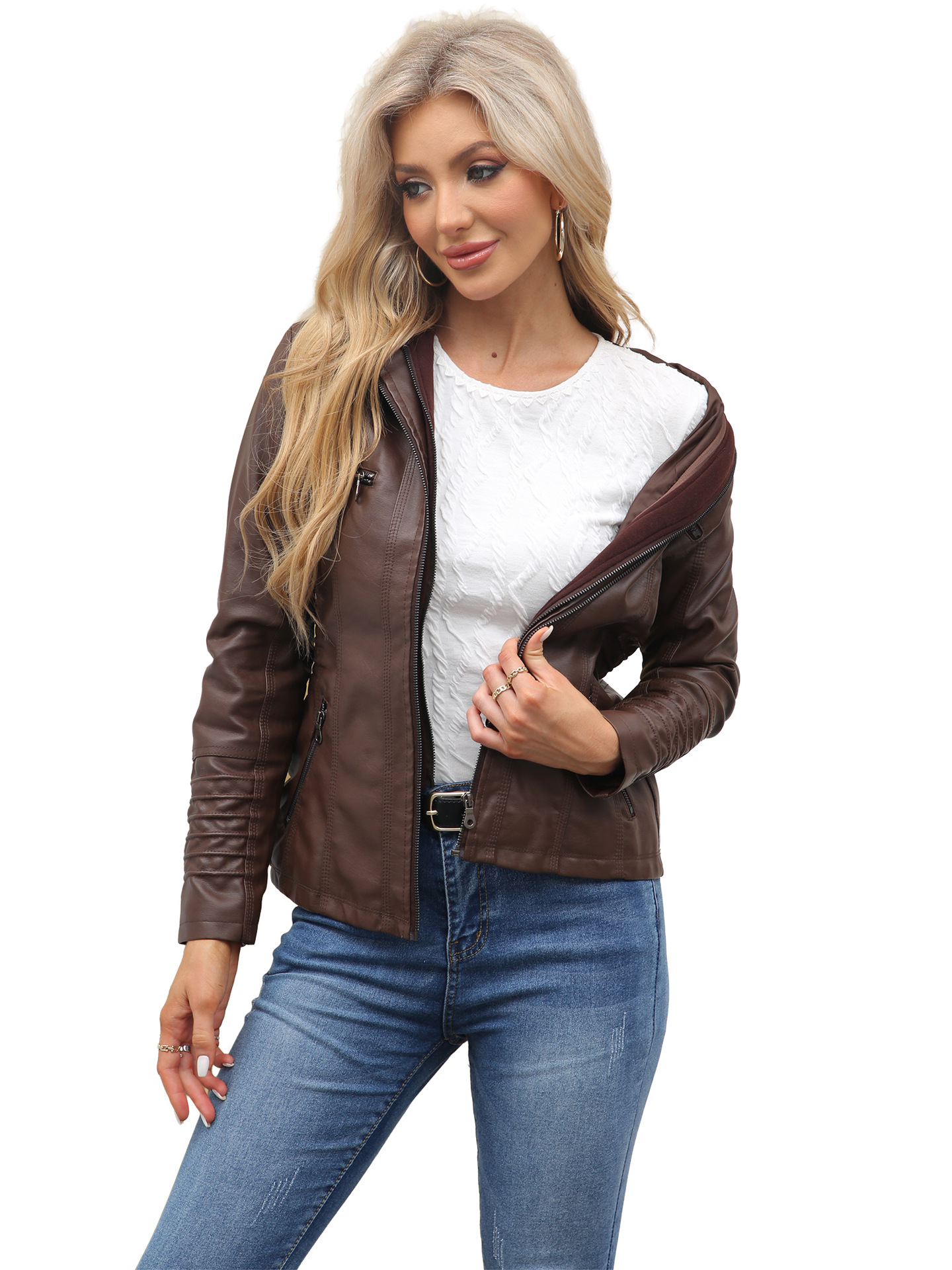 23 European and American Cross-border Hooded Leather Jacket Two-piece Set Removable Large Size Leather Jacket Women's Spring and Autumn Coat Women's PU Wash Leather