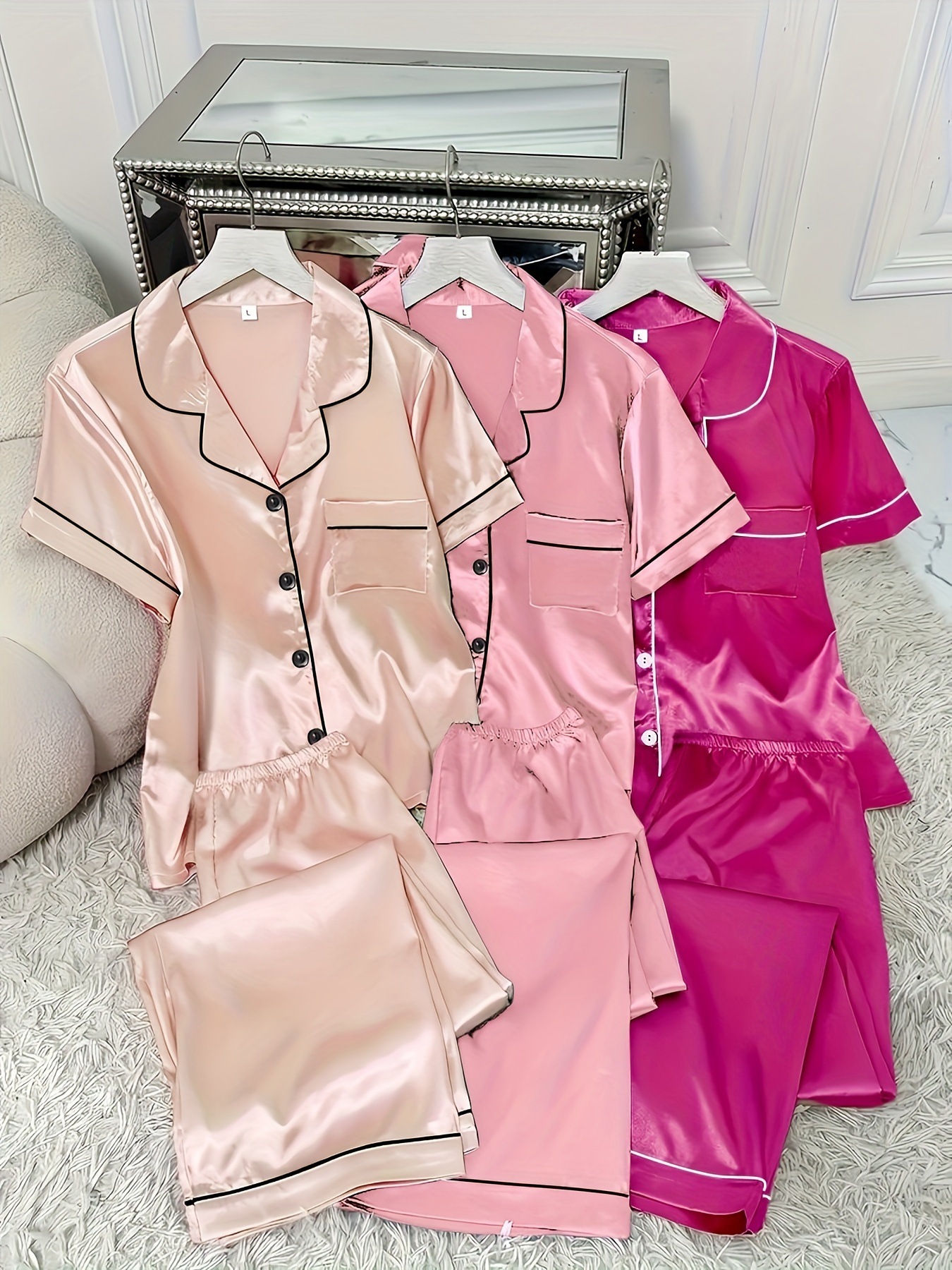 3 Sets Women's Solid Satin Casual Pajama Set, Short Sleeve