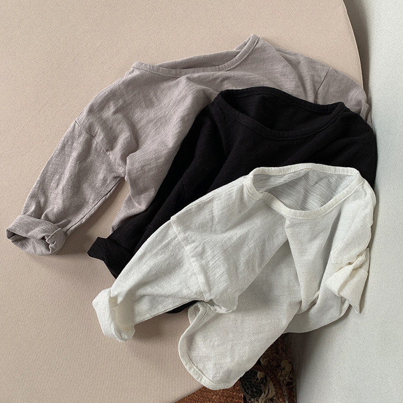 Slub Cotton Long-sleeved T-shirt 2025 Spring and Autumn New All-match Korean Style Pure Cotton Base Shirt for Men and Women Children's Wear Baby Top