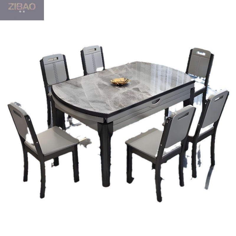 Rock Board Dining Table and Chair Combination Modern Simple Household Small Apartment Light Luxury Dining Table Variable Round Table Telescopic Solid Wood Dining Table