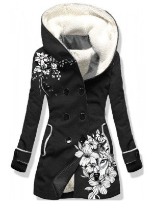 Autumn and Winter Cross-Border Amazon Digital Printing Double-Breasted Velvet Hooded Jacket