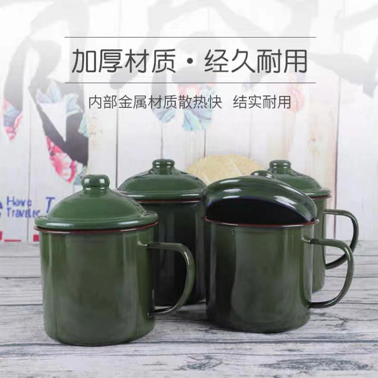 Эмалированная кружка военного зеленого цвета, винтажная, с крышкой