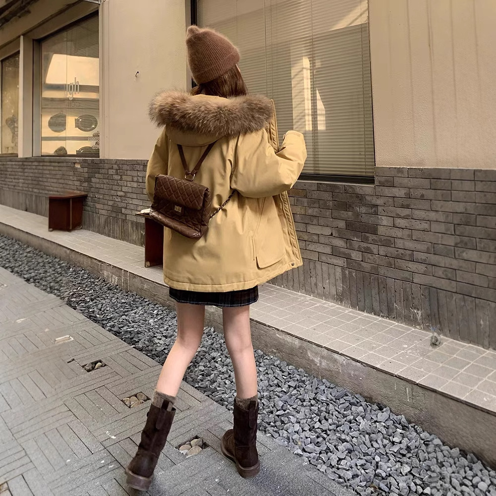 Yellow down Jacket for Women Winter 2025 New Design with Large Fur Collar, Workwear Parka, Street Style White Duck down Thick Coat