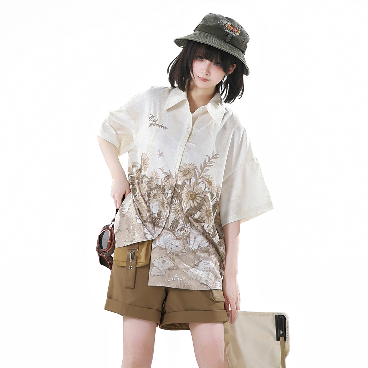 Yimengge Original Design Garden Cat Chinese Style New Chinese Style Women's Shirt Suspender Shorts Suit 9604