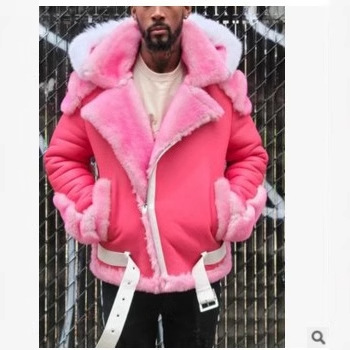 Q027 cross-border AliExpress men's imitation leather plus velvet padded fur one-piece short zipper coat hooded men's coat