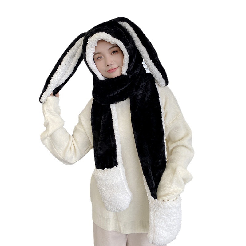 Winter New Long-eared Rabbit Hat Women's Scarf Set Winter One-piece Gloves Autumn and Winter Thickened Warm Three-piece Set
