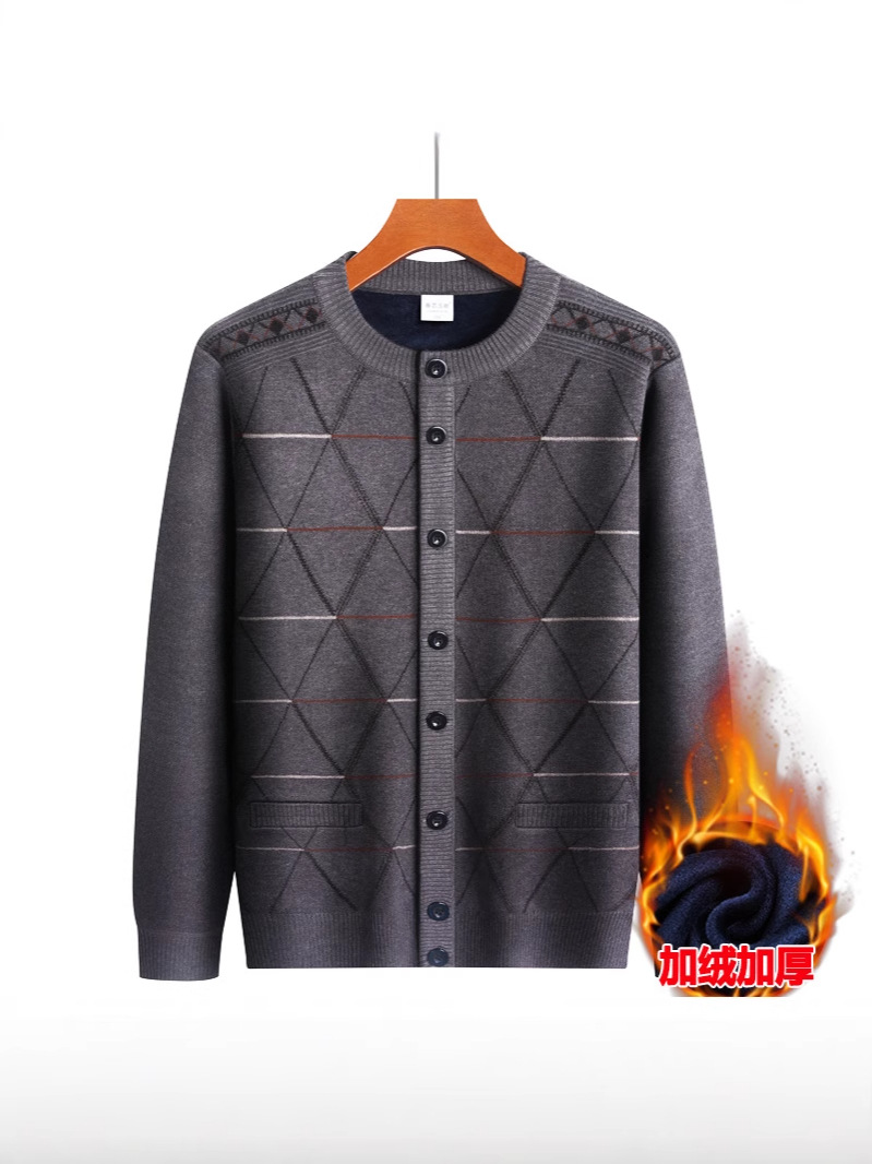 Middle-aged Dad Autumn and Winter fleece-lined Sweater Coat Men's Casual Knitwear Grandpa Cardigan Warm Winter Wear