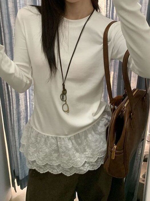 White Lace Inner Layering Shirt for Women 2025 Autumn and Winter Layered Korean Fashion Long-Sleeved T-Shirt Top