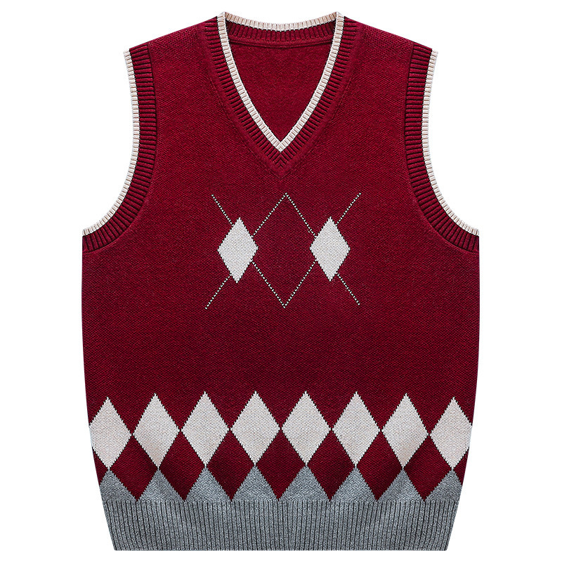 Primary and Middle School Students V-Neck Knitted Vest British College Style School Uniform Sweater for Boys and Girls Diamond Vest Shoulder Waistcoat Class Clothes