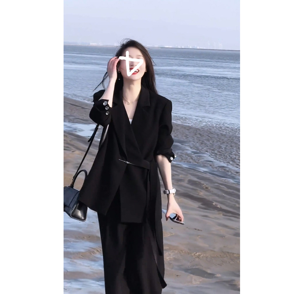 [Ready Stock] 2024 Plus Size Women's Spring & Fall Slightly Fat mm Suit Design Suit Wide-Leg Pants Two-Piece Set 235