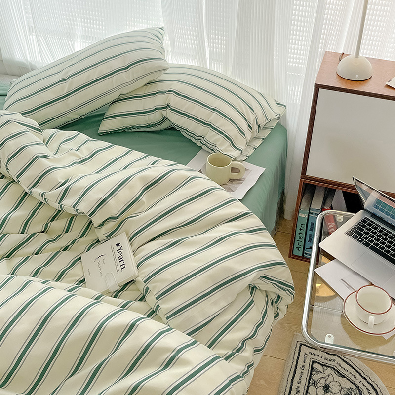 Hot Blogger Style Striped Korean Style Simple INS Four-piece Bedding Single Double Three-piece Bed Sheet Quilt Cover